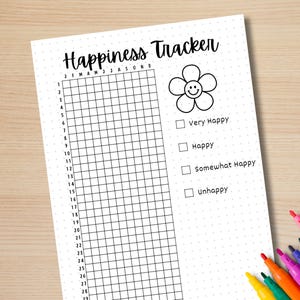May include: A black and white printable happiness tracker with a grid for each month of the year. The tracker includes a smiley face flower and a checklist with options for very happy, happy, somewhat happy, and unhappy.