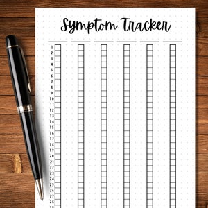 May include: A printable symptom tracker with 28 numbered rows and 6 columns. The tracker is designed to help track symptoms over time.
