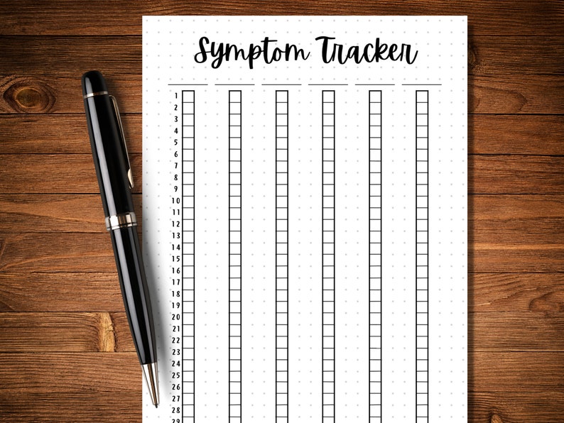 May include: A printable symptom tracker with 28 numbered rows and 6 columns. The tracker is designed to help track symptoms over time.