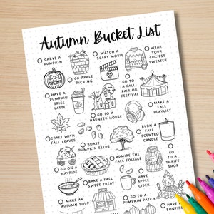 May include: A printable autumn bucket list with a checklist of fall activities, including carving a pumpkin, going apple picking, watching a scary movie, going to a haunted house, and having a bonfire. The list is illustrated with cute drawings of pumpkins, apples, a haunted house, a bonfire, and other fall-themed items.