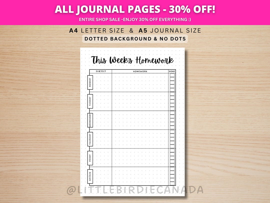 Homework Tracker - PRINTABLE Journal Page - Student Journal - Student ...