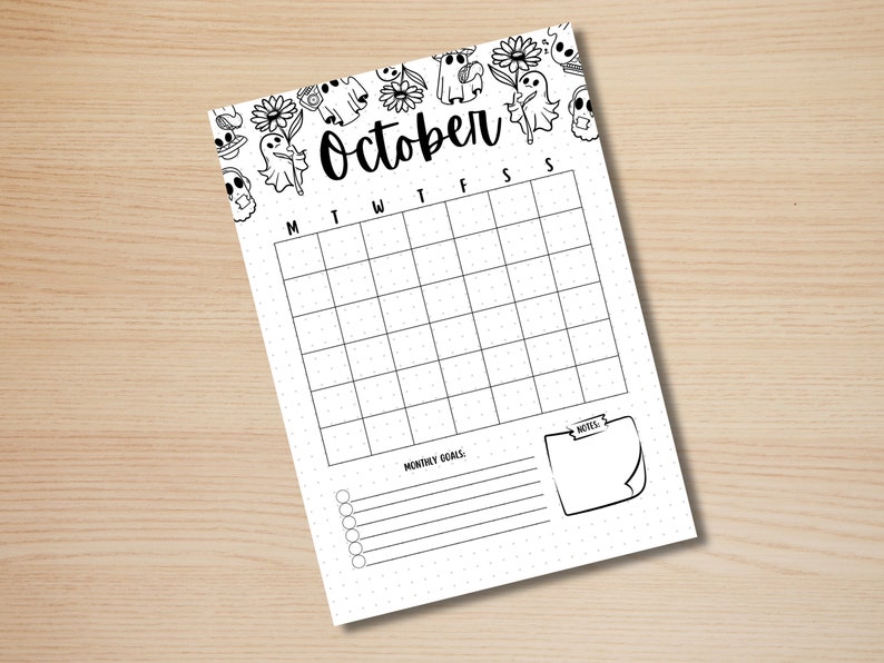 May include: A printable October calendar with a spooky theme. The calendar features a black and white illustration of ghosts and other Halloween-themed imagery. The calendar has space for writing in dates and notes.