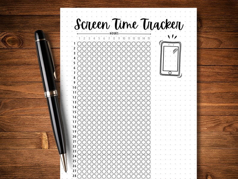 May include: A printable screen time tracker with a black and white design. The tracker has a grid of circles for each hour of the day, from 1 to 28. The tracker also includes a small illustration of a smartphone.