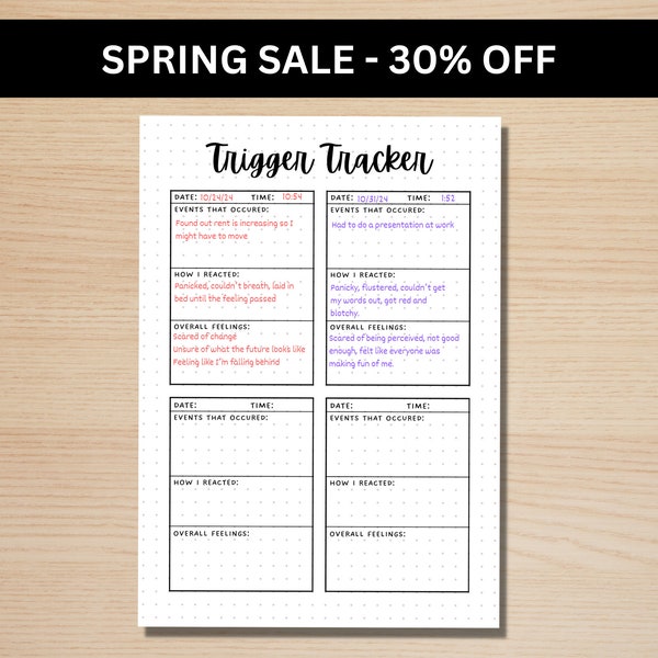 Trigger Tracker - A5 Journal Page - PRINTABLE Tracker - Anxiety Tracker - Depression Tracker - Anxiety Journal - Mental Health Journal