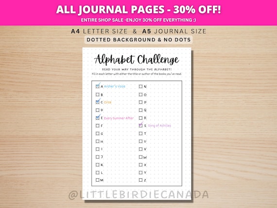 Alphabet Reading Challenge - PRINTABLE Journal Page - Reading Tracker - Reading Log - Printable Planner Page - Book Challenge - Reading Game