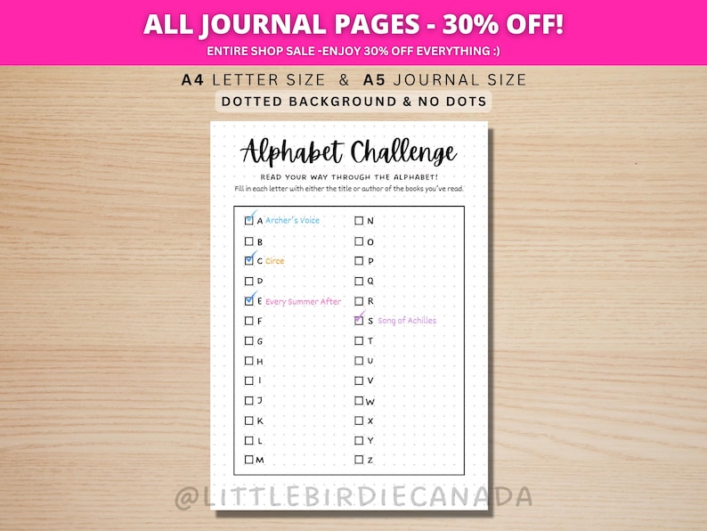 Alphabet Reading Challenge - PRINTABLE Journal Page - Reading Tracker - Reading Log - Printable Planner Page - Book Challenge - Reading Game image 1