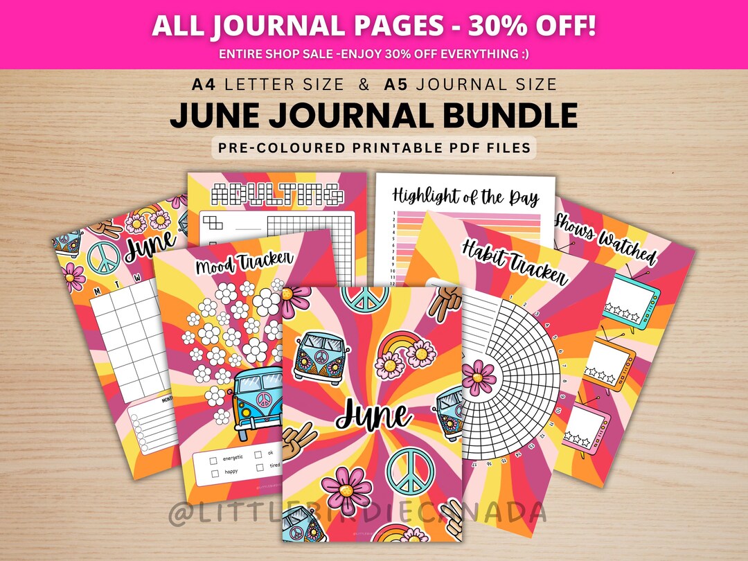 June Journal Bundle - Hippie - PRINTABLE Journal Pages - PRE-COLOURED ...