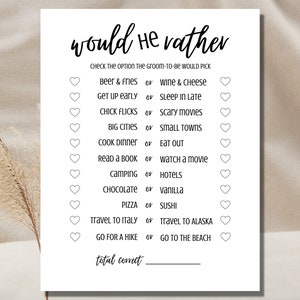 Préférerait-il plutôt un jeu de douche de mariage minimaliste, ceci ou cela, jeu à imprimer, dîner de répétition, jeu de fiançailles, jeu de mariage