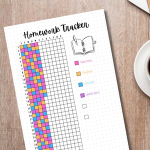 Op de afbeelding: Een printbare huiswerktracker met een raster voor elke dag van de maand. Het raster is kleurgecodeerd om aan te geven of huiswerk is afgerond, gestart, niet gedaan of niet toegewezen. De tracker bevat ook ruimte voor een titel en een krabbel van een open notitieboek.