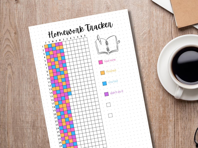 Op de afbeelding: Een printbare huiswerktracker met een raster voor elke dag van de maand. Het raster is kleurgecodeerd om aan te geven of huiswerk is afgerond, gestart, niet gedaan of niet toegewezen. De tracker bevat ook ruimte voor een titel en een krabbel van een open notitieboek.
