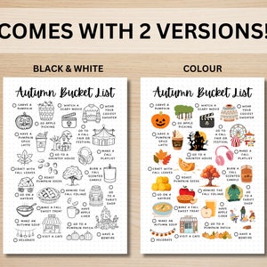 May include: A printable autumn bucket list with two versions: black and white and color. The list includes activities like carving a pumpkin, watching a scary movie, going to a haunted house, and having a bonfire.