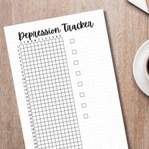 K&ouml;nnte beinhalten: Ein druckbarer Depressions-Tracker mit einem Raster aus 29 Quadraten und einer Spalte mit Kontrollk&auml;stchen auf der rechten Seite. Der Titel des Trackers lautet "Depression Tracker" mit den Monaten des Jahres, die &uuml;ber dem Raster aufgef&uuml;hrt sind.