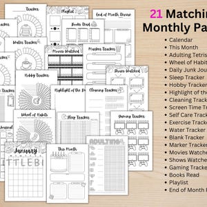 May include: A collection of 21 printable monthly planner pages featuring black and white line art designs. The set includes trackers for exercise, water, sleep, habits, screen time, cleaning, gaming, movies, shows, books, and a daily junk journal.