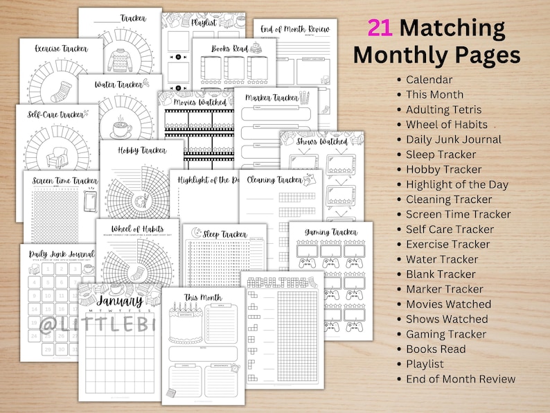 May include: A collection of 21 printable monthly planner pages featuring black and white line art designs. The set includes trackers for exercise, water, sleep, habits, screen time, cleaning, gaming, movies, shows, books, and a daily junk journal.