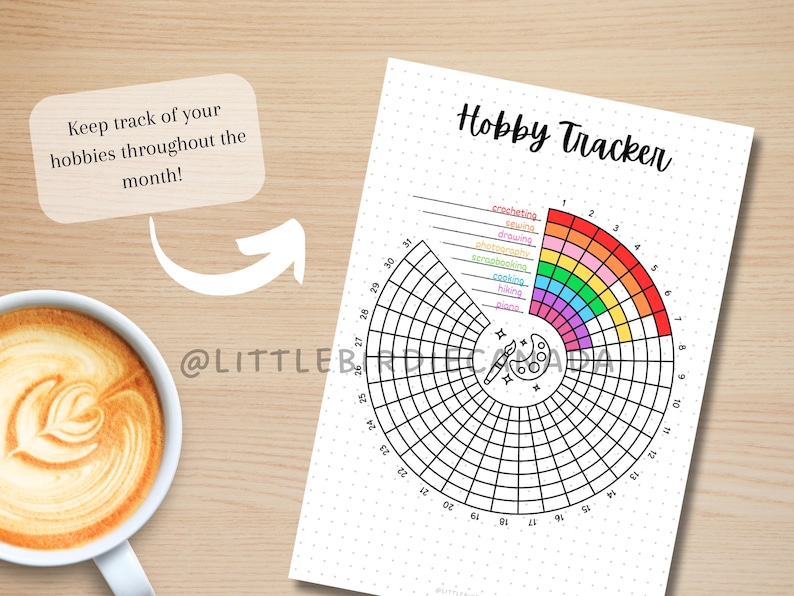 May include: A printable hobby tracker with a rainbow color scheme and a circular grid for tracking activities. The tracker includes a list of hobbies such as crocheting, drawing, journaling, scrapbooking, cooking, hiking, and piano. The text "Hobby Tracker" is at the top of the page.