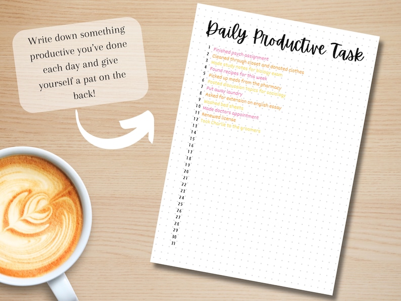 May include: A white sheet of paper with a dotted pattern and a list of daily productive tasks written in black, pink, and yellow text. The list includes tasks such as "Finished psych assignment", "Cleaned through closet and donated clothes", "Made study notes for biology quiz", and "Asked for extension on english essay".