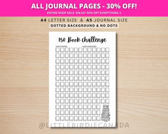 150 Book Reading Challenge - A5 Journal Page - Reading Tracker - Reading Log - PRINTABLE Planner Page- Book Challenge - Reading Game