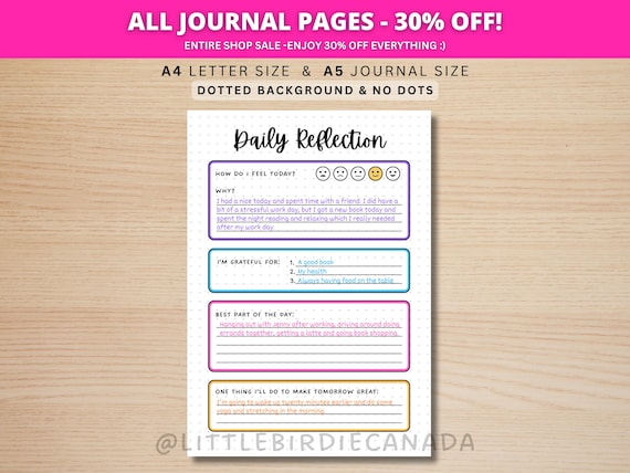 Daily Reflection Journal - PRINTABLE Gratitude Journal Page - Planner Page - Wellness Journal Page - Mental Health Journal - Daily Journal