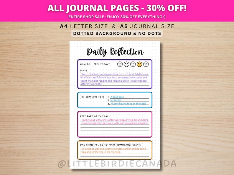 Daily Reflection Journal - PRINTABLE Gratitude Journal Page - Planner Page - Wellness Journal Page - Mental Health Journal - Daily Journal image 1