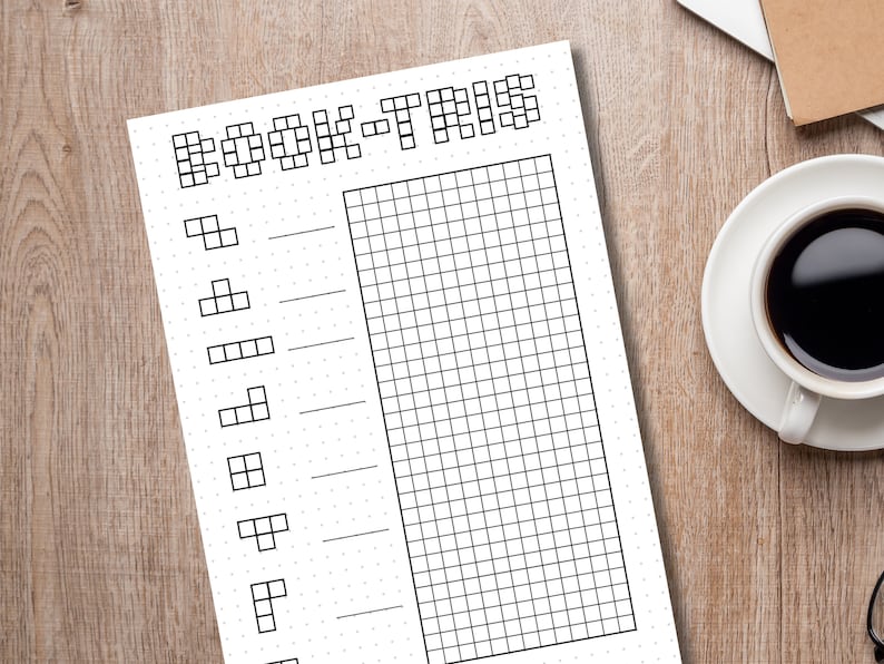 May include: A printable planner page with the text "Book-Tris" at the top. The page has a grid on the right side and a list of squares on the left side.