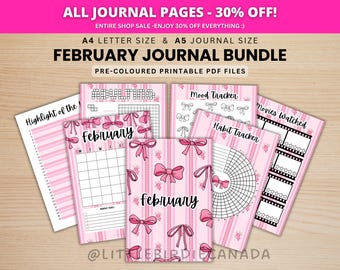 February Journal Bundle - Bows - PRINTABLE Journal Pages - PRE-COLOURED Pages - February Planner - February Agenda - Printable Planner