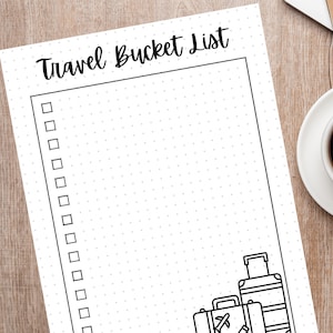 May include: A black and white printable travel bucket list with a dotted background. The list has 20 blank checkboxes and a section at the bottom for drawing suitcases.