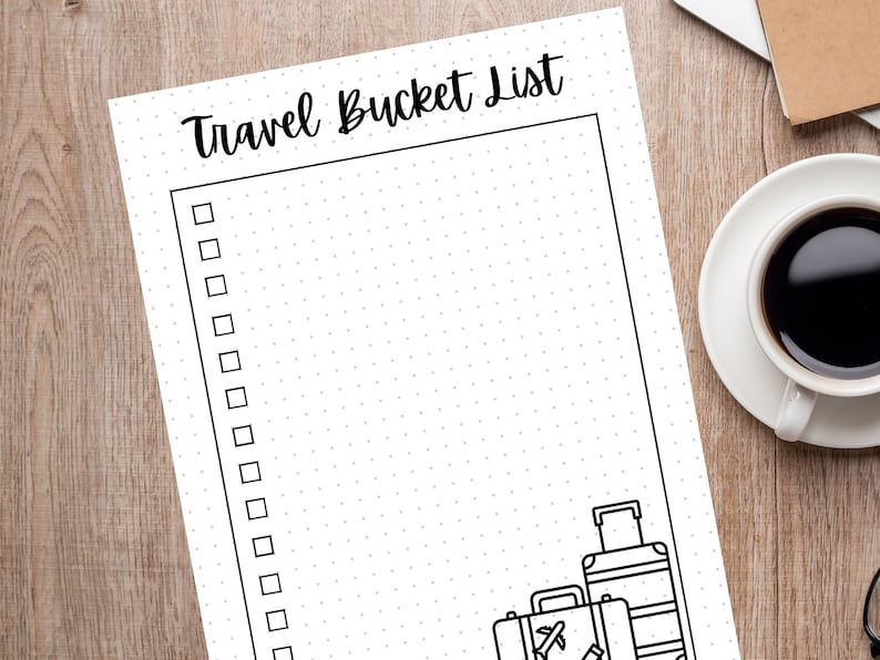 May include: A black and white printable travel bucket list with a dotted background. The list has 20 blank checkboxes and a section at the bottom for drawing suitcases.