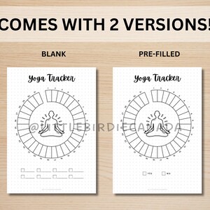 May include: Two printable yoga tracker pages, one blank and one pre-filled with "YES" and "NO" checkboxes. Each page features a circle with a yoga pose in the center and numbers around the outside.