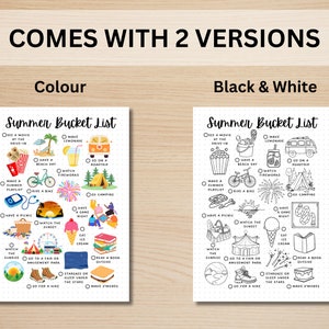 May include: A printable summer bucket list with two versions: one in color and one in black and white. The list includes activities like watching fireworks, going camping, and making s'mores.