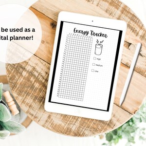 May include: A digital planner with a grid for tracking energy levels. The planner has a battery icon with lightning bolts and checkboxes for "High", "Medium", and "Low" energy levels.