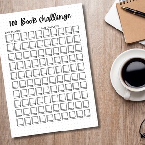 May include: A printable 100 book challenge checklist with a dotted background. The checklist has spaces for the date started and date completed. There are 100 squares with a book icon in each square.