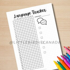 May include: A printable language tracker with a grid for tracking daily progress. The grid has 30 columns and 12 rows. The tracker has a space for the language name and a speech bubble icon.