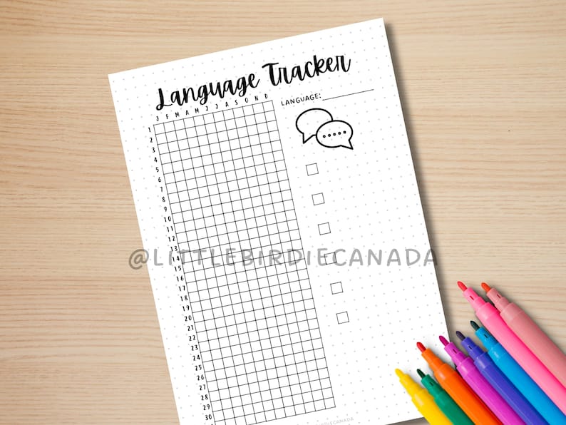 May include: A printable language tracker with a grid for tracking daily progress. The grid has 30 columns and 12 rows. The tracker has a space for the language name and a speech bubble icon.