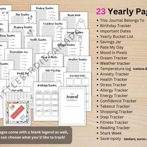 May include: A collection of printable journal pages with various trackers, including fitness, reading, and anxiety. The pages are black and white with a wooden background. Text on the image includes "23 Yearly Pages" and "Save-opoly".