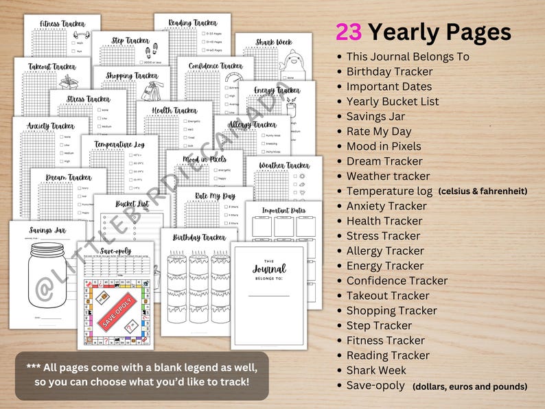 May include: A collection of printable journal pages with various trackers, including fitness, reading, and anxiety. The pages are black and white with a wooden background. Text on the image includes "23 Yearly Pages" and "Save-opoly".