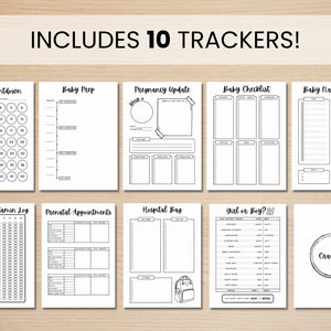 May include: A printable set of 10 black and white trackers for pregnancy and baby prep. The trackers include a baby countdown, baby prep checklist, pregnancy update, baby checklist, baby name ideas, prenatal vitamin log, prenatal appointments, hospital bag, girl or boy, and cravings.