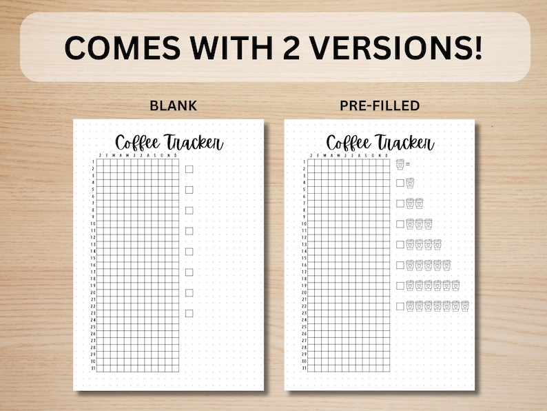 Puede incluir: Dos p&aacute;ginas imprimibles de seguimiento del caf&eacute;. La primera p&aacute;gina est&aacute; en blanco y la segunda p&aacute;gina tiene un icono de taza de caf&eacute; pre-rellenado para cada d&iacute;a del mes.
