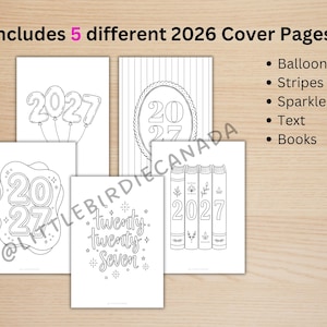 May include: Five printable cover pages for a 2027 planner featuring black and white line art designs. The pages include illustrations of balloons, stripes, sparkles, and books with the text 2027 or twenty twenty seven written on them.