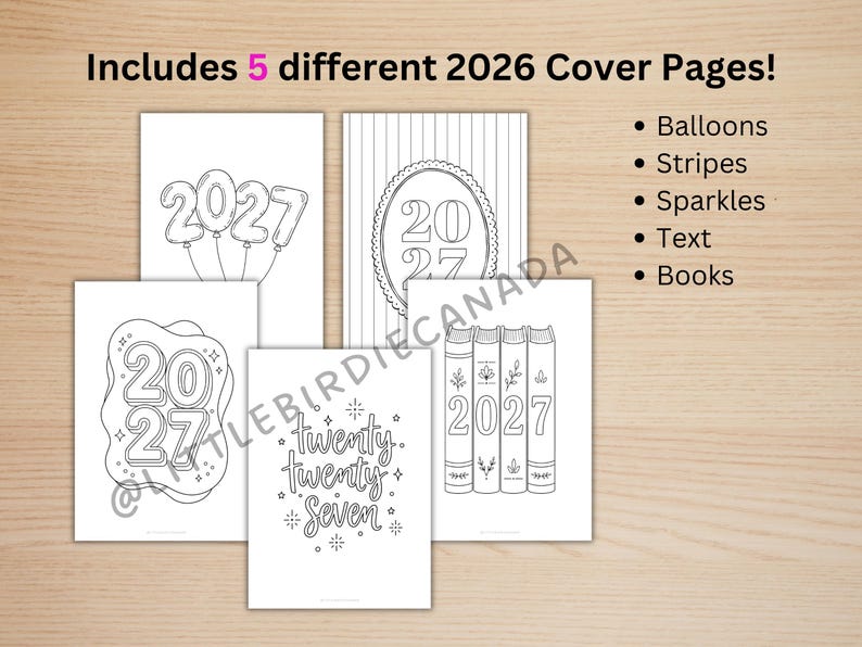 May include: Five printable cover pages for a 2027 planner featuring black and white line art designs. The pages include illustrations of balloons, stripes, sparkles, and books with the text 2027 or twenty twenty seven written on them.