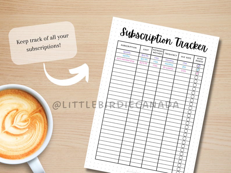 May include: A printable subscription tracker with columns for subscription name, cost, payment method, frequency, due date, and auto renew. The tracker has a dotted background and is designed to help keep track of recurring expenses.