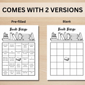 May include: Two versions of a Book Bingo game are shown. The pre-filled version has bingo squares with book-related prompts. The blank version has empty squares. Both versions feature a bookshelf illustration at the top and the text "Book Bingo".