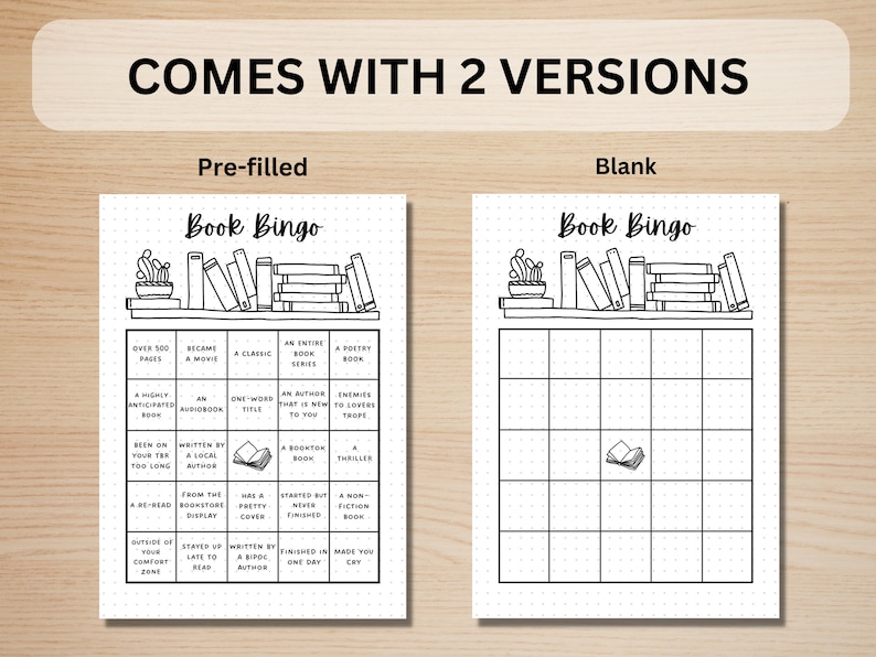 May include: Two versions of a Book Bingo game are shown. The pre-filled version has bingo squares with book-related prompts. The blank version has empty squares. Both versions feature a bookshelf illustration at the top and the text "Book Bingo".
