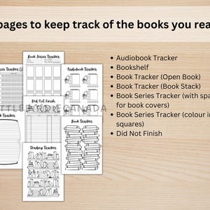 K&ouml;nnte beinhalten: Sieben druckbare Seiten zum Verfolgen von gelesenen B&uuml;chern. Die Seiten beinhalten Tracker f&uuml;r H&ouml;rb&uuml;cher, B&uuml;cherregale, ge&ouml;ffnete B&uuml;cher, B&uuml;cherstapel, Buchreihen und nicht beendete B&uuml;cher.