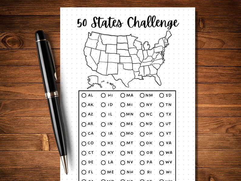 May include: A black and white printable checklist for a 50 states challenge. The checklist includes a map of the United States and a list of all 50 states with checkboxes next to each state.