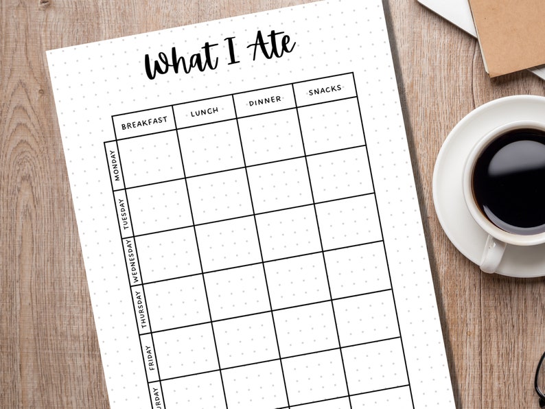 May include: A printable food journal with a black and white polka dot background. The journal is divided into sections for breakfast, lunch, dinner, and snacks. The days of the week are listed on the left side of the page.