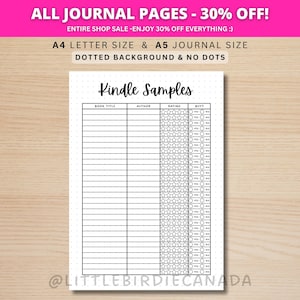 Rastreador de muestras de Kindle - Página de diario IMPRIMIBLE - Página de planificación de lectura - Seguimiento de muestras de Kindle - Rastreador de lectura - Página de diario de lectura