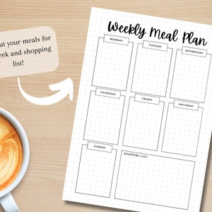 K&ouml;nnte beinhalten: Ein druckbarer w&ouml;chentlicher Speiseplan mit gepunktetem Hintergrund. Der Planer bietet Platz zum Eintragen von Mahlzeiten f&uuml;r jeden Tag der Woche, von Montag bis Sonntag, und einen Bereich f&uuml;r eine Einkaufsliste.