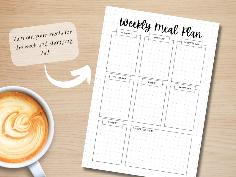 K&ouml;nnte beinhalten: Ein druckbarer w&ouml;chentlicher Speiseplan mit gepunktetem Hintergrund. Der Planer bietet Platz zum Eintragen von Mahlzeiten f&uuml;r jeden Tag der Woche, von Montag bis Sonntag, und einen Bereich f&uuml;r eine Einkaufsliste.