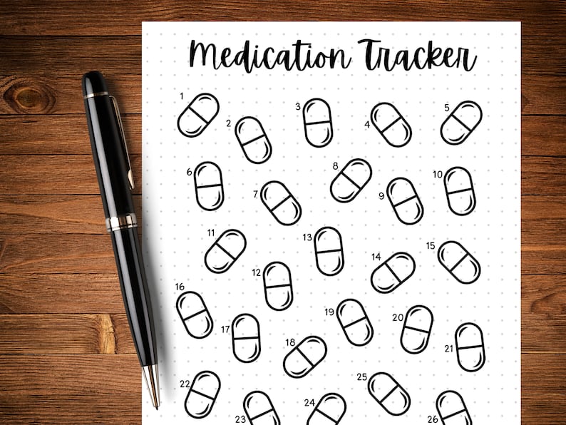 May include: A black and white printable medication tracker with 26 numbered pill shapes. The tracker is designed to help people keep track of their medication schedule.