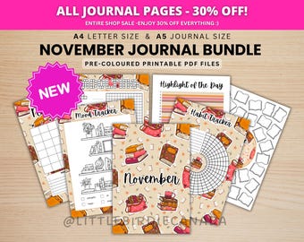 May include: A November journal bundle of printable PDF pages in A4 and A5 sizes. The pages feature illustrations of books, mugs, and bags on a beige background, including a mood tracker, habit tracker, and highlight of the day templates.